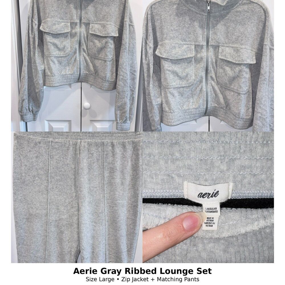 Aerie Gray Ribbed Lounge Set Size Large Zip Jacket Matching Pants